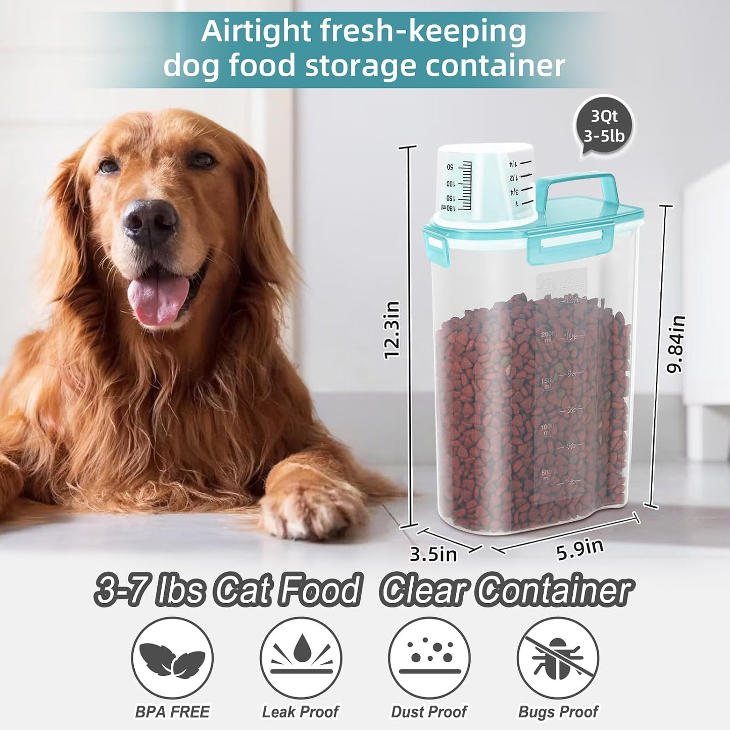 LEAWALK Airtight Small Cat Dog Pet Food Storage Containers BPA Free, with Large Pour Spout/1 Measuring Cup/ 4 Safety Locks and Double-layer Silicone Strip (Olive Gray x 2, 3L-2pack)