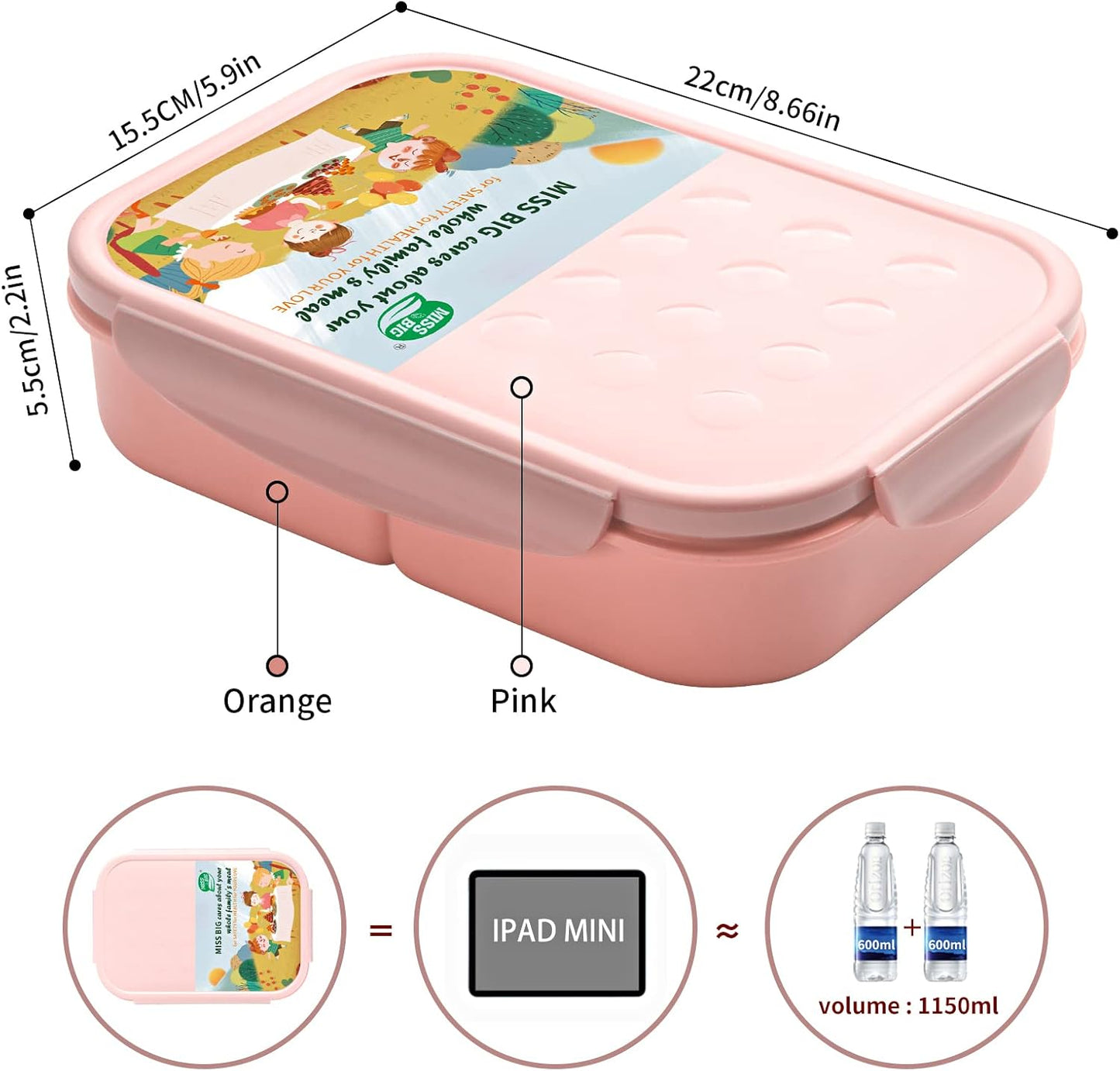 MISS BIG® Bento Box,Bento Box Adult,Lunch Box,Leak Proof Lunch Containers,No BPAs and No Chemical Dyes Bento Lunch Box,Dishwasher and Microwave Safe Lunch Containers for Adults(1900ml Gray)