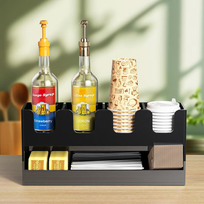 Beego 2-Compartment Cup Holder for Countertop - 2-Tier Clear Acrylic Cup Dispenser Coffee Station Paper Cup and Lid Organizer Condiment Storage for Restaurant Breakroom Kitchen Bar Accessories
