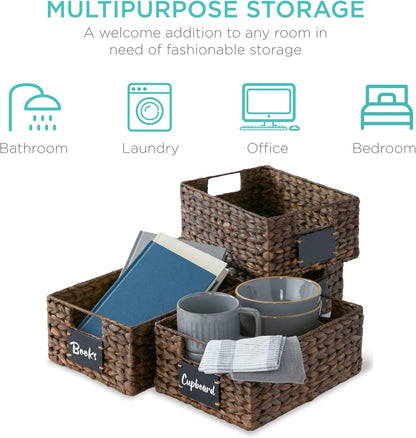 Best Choice Products Set of 4 9x12in Water Hyacinth Pantry Baskets, Woven Organizers w/Chalkboard Label, Chalk Marker - Natural