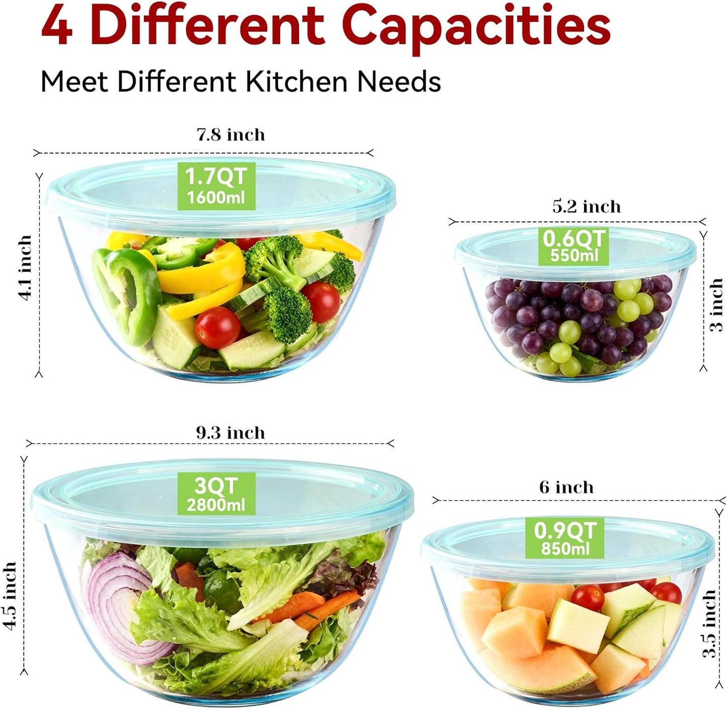 YUANYE 5 Pack Glass Mixing Bowls with Lids Set (5/2.5/1.5/0.9/0.6QT), Thick Glass Large Salad Bowl Set, Nesting Kitchen Bowls for Serving, Prepping, Cooking and Baking, Dishwasher,Oven,Microwave Safe