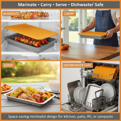 PREP ‘N Serve Premium Set™ - Plastic Container with Lid for Marinades, Stainless Steel Serving Tray, Aluminum Defrosting Tray, and a Plastic Cutting Board - the Ultimate BBQ Food Prep Utensil Set
