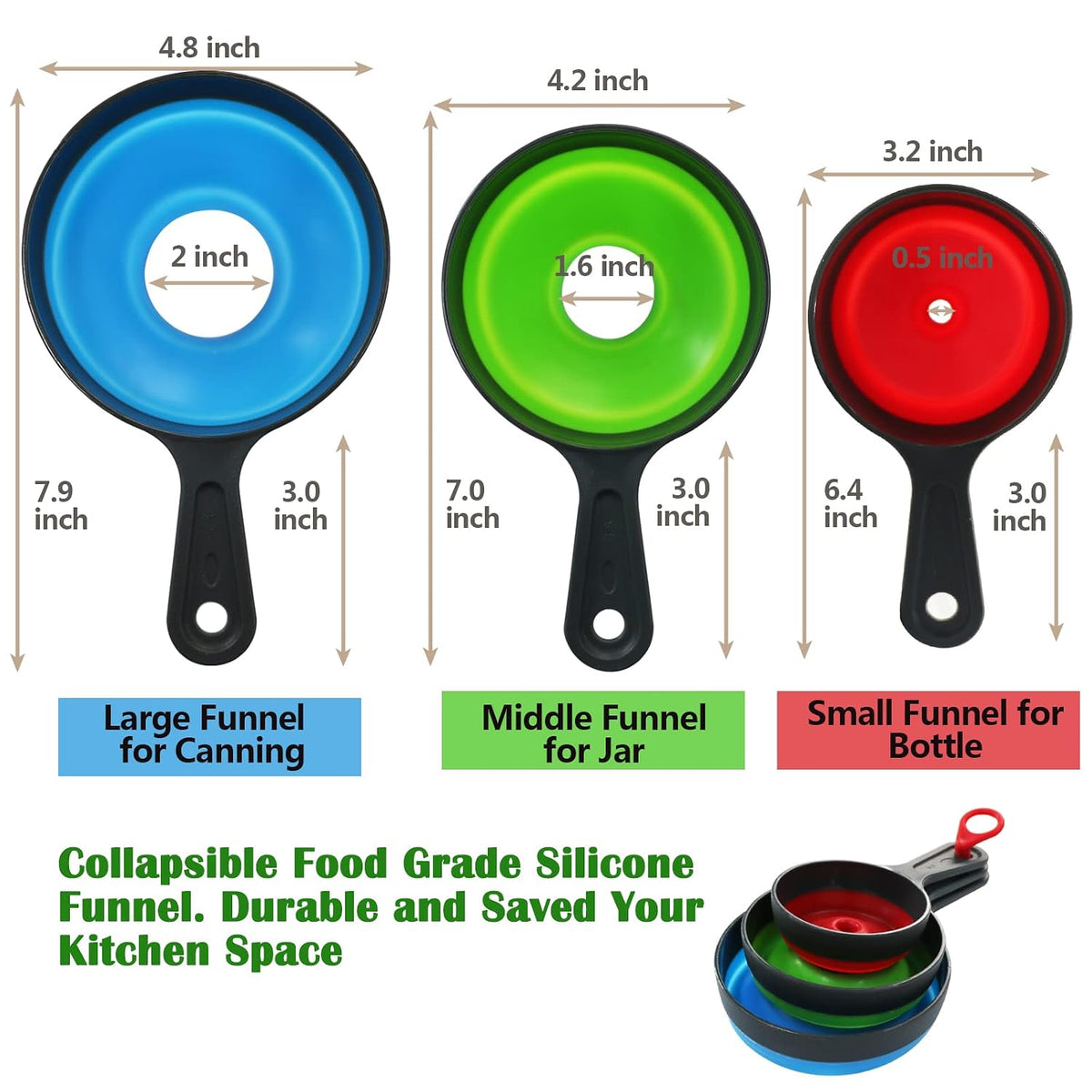 KongNai Canning Funnel for Wide and Regular Jars，Wide Mouth Funnels Sets of 3, Large for Mason Jar, Food Grade Collapsible Silicone Kitchen Accessories for Transfer Jam, Juice, Spices and Oil