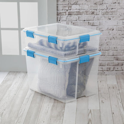 Sterilite 80 Qt Gasket Box, Stackable Storage Bin with Latching Lid and Tight Seal, Plastic Container to Organize Basement, Clear Base and Lid, 1-Pack