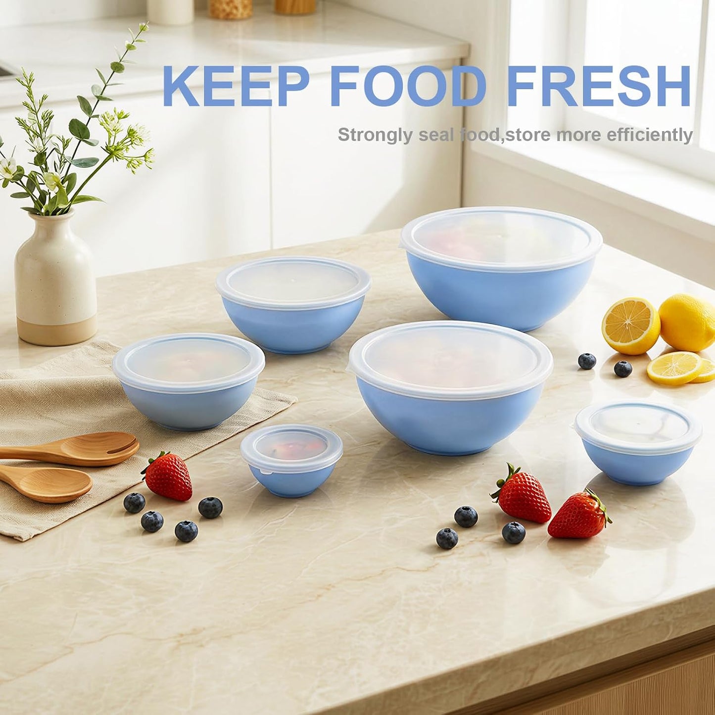 BoxedHome BPA Free Plastic Round Mixing Bowl with Lids, 12 Pack Nesting Bowls with Lids Set, Microwave and Dishwasher Safe Prep & Serving Bowls Great for Mixing, Baking, Serving (pinkish green, 12pcs)