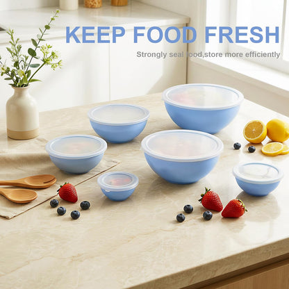 BoxedHome BPA Free Plastic Round Mixing Bowl with Lids, 12 Pack Nesting Bowls with Lids Set, Microwave and Dishwasher Safe Prep & Serving Bowls Great for Mixing, Baking, Serving (pinkish green, 12pcs)