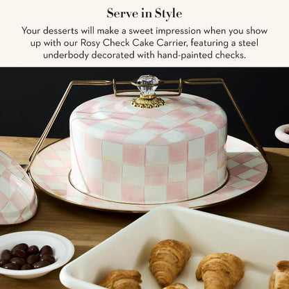 MACKENZIE-CHILDS Cake Carrier, Cake-Dish Serving Platter with Lid and Handles, White Flower Market with Black-and-White Courtly Check