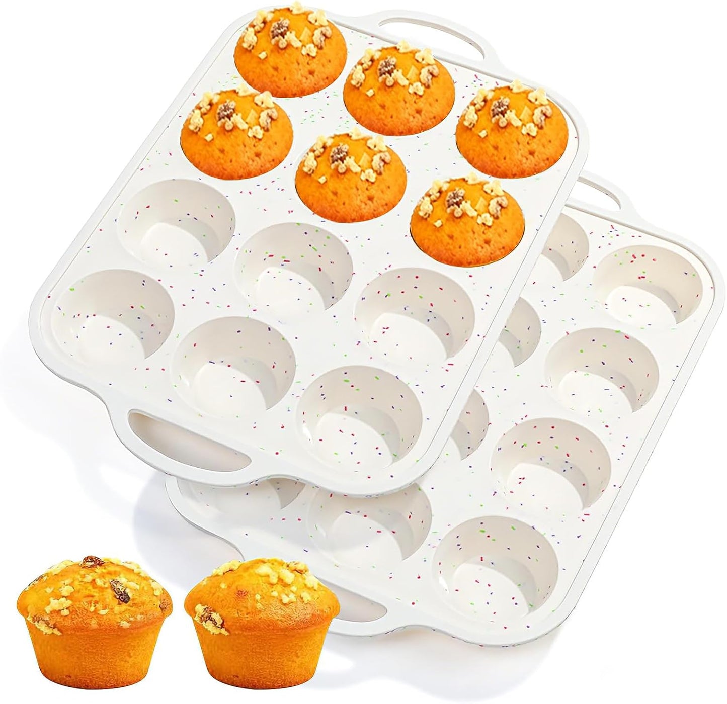 Silicone Muffin Pans With Metal Reinforced Frame - 24 Cups Durable Silicone Baking Pan for Muffins, Cupcakes, BPA Free and Dishwasher Safe - Beige with Rainbow Spots, Set of 2