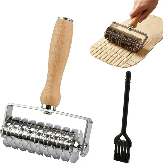 Pastry Lattice Roller Cutter 304 Stainless Steel, Wood Handle for Pie Pizza