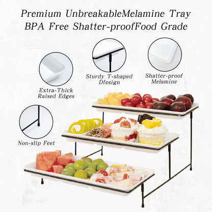 3 Tier Serving Tray for Party 14" White Reusable Dessert Table Display Set Black Metal Cupcake Stand Cookie Serving Platter for Serving Food Party Collapsible Sturdier Fruit Tiered Tray Stand Sturdier