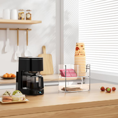 Coffee Condiment and Cup Organizer - 2-Tier Upright Cup and Lid Holder with Straw Organizer 2 Compartments Clear Acrylic Cup Dispenser for Restaurant Breakroom Coffee Station Countertop