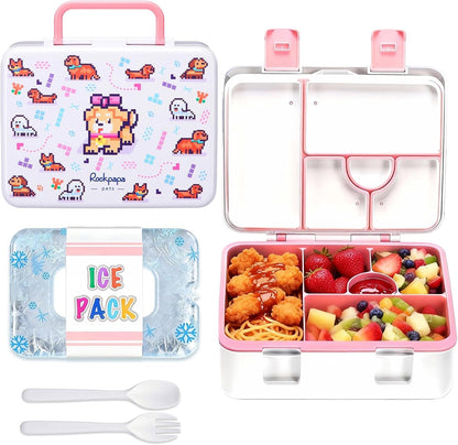rockpapa Chill Bento Box for Kids- Large 5.5 Cups Lunch Box with Ice Pack - 5 Compartments, BPA-Free, Leak Proof, with Utensils & Portable Handle, Microwave/Dishwasher Safe (Purple Butterfly)
