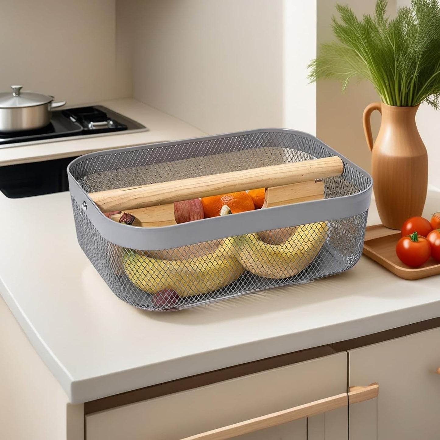 AJIODA Metal Mesh Steel Storage Basket, Garden Harvest Wire Organizer Basket Multi-functional Kitchen Fruit Basket with Wooden Removable Partition & Handle for Bathroom Picnic Decor Cabinet, Grey