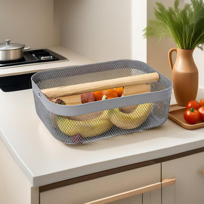 AJIODA Metal Mesh Steel Storage Basket, Garden Harvest Wire Organizer Basket Multi-functional Kitchen Fruit Basket with Wooden Removable Partition & Handle for Bathroom Picnic Decor Cabinet, Grey