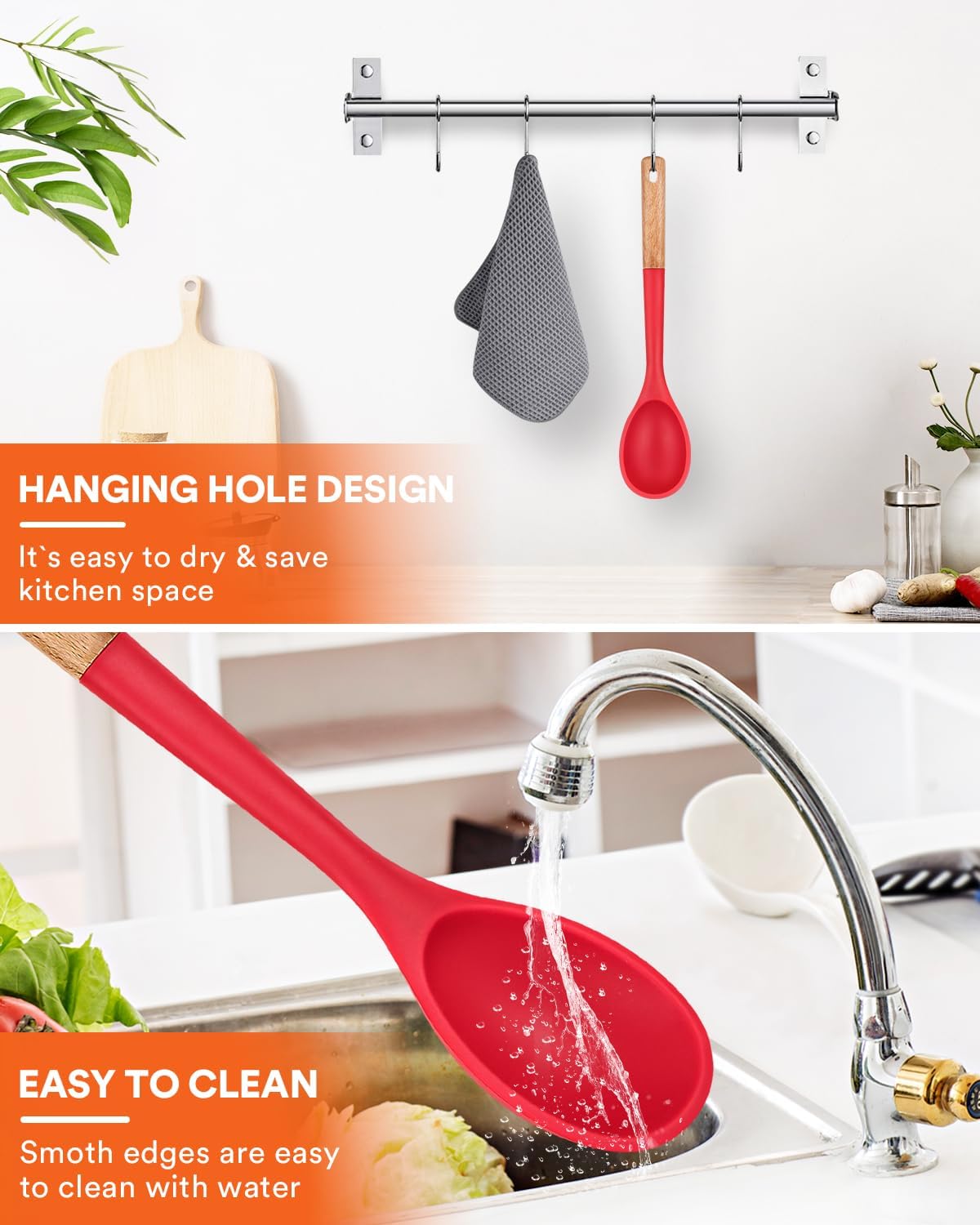 Large Silicone Cooking Spoons, Nonstick Solid Wooden Handle Spoon, Heat Resistan Silicone Kitchen Spoons for Cooking, Serving, Basting, Mixing, 13.2inch (Grey)