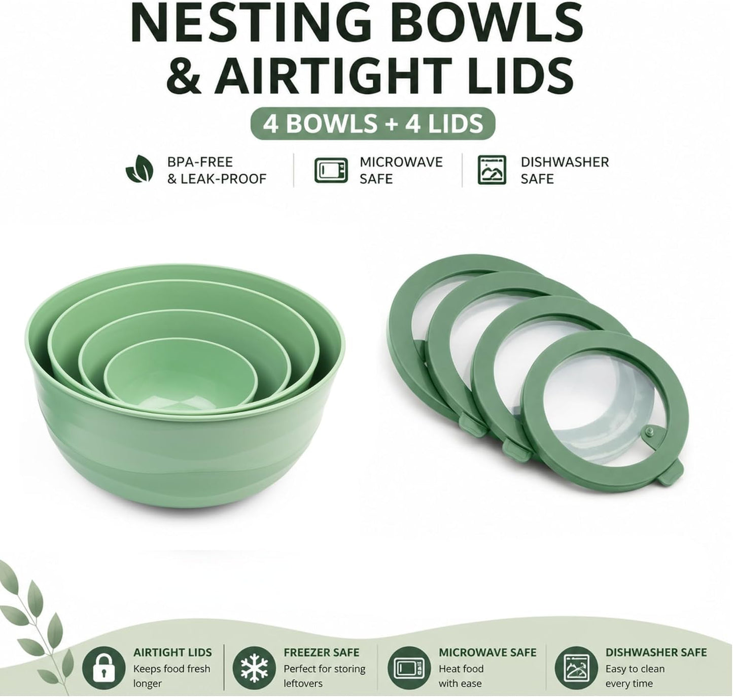 Pera Mixing Bowls with Lids, 8-Piece Airtight Leak-Proof Nesting BPA-Free Bowl Set for Kitchen & Food Storage, Large 4200ml Capacity, Microwave & Dishwasher Safe