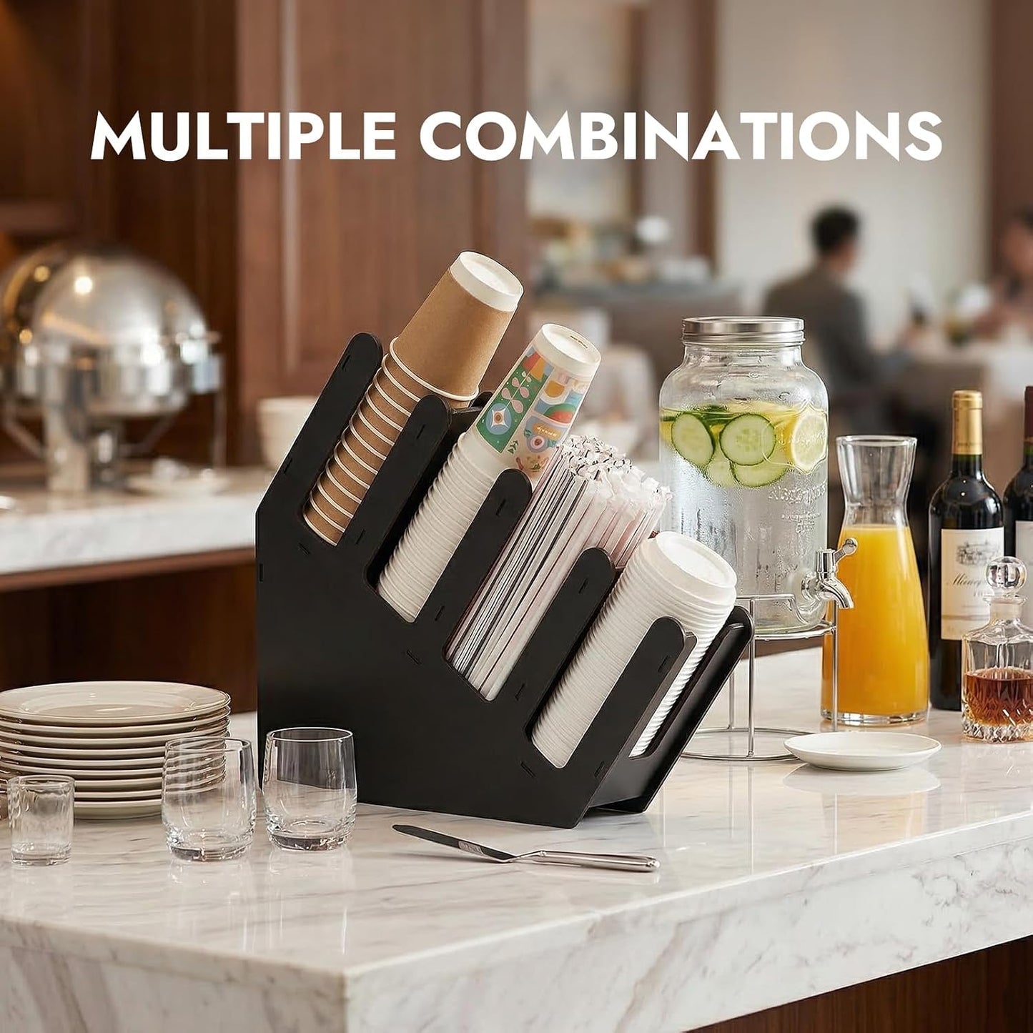 CURTA 4 Compartment Splicing Disposable Paper Cup Dispenser, Coffee and Lid Storage Organizer Holder for Countertop Bar,Restaurant,Breakroom,Party, Black