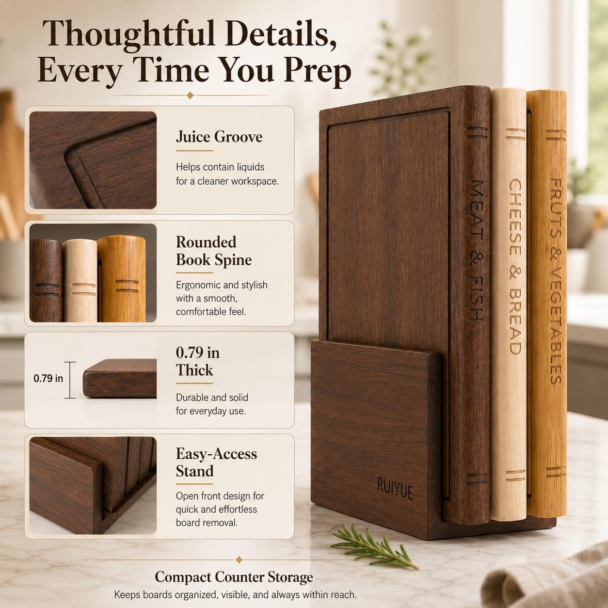 Book Shaped Cutting Board Set with Walnut Stand, 3 PCS Wooden Cutting Boards (13"x10"), Maple Sapele & Bamboo Charcuterie Serving Boards, Decorative Kitchen Decor Gift for Housewarming (1Set)