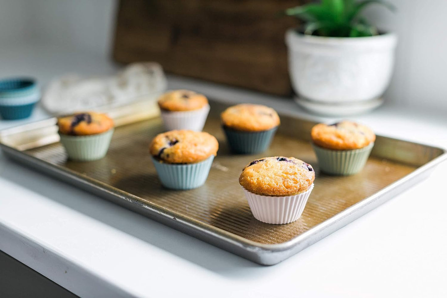 The Silicone Kitchen Reusable Mini Silicone Baking Cup, Non-Toxic, BPA Free, Dishwasher Safe, Mini, 24 Pack, White Blue Green