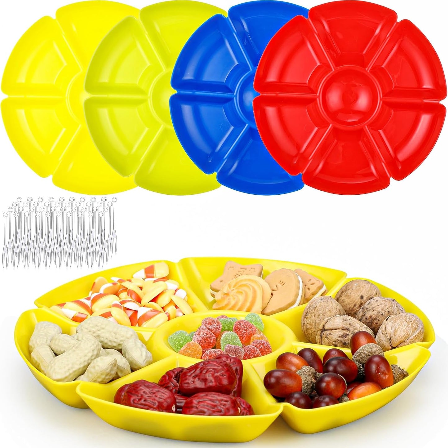 Zhehao 4 Pcs Sectional Heavyweight Plastic Divided Plates Serving Trays with 40 Disposable Forks 10.6" 7 Section Round Chip Dip Plate Snack Food Platter for Nut Candy Veggie Fruit (Blue)
