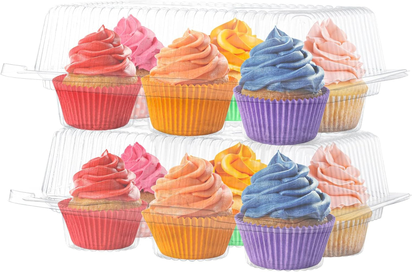 Plastic Cupcake Containers Boxes | 12 Compartment – 8 Pack | Disposable High Dome Dozen Cupcake Holder With Lid Bulk | Extra Sturdy Stackable Cupcake Boxes | Durable Muffin Packaging Transporter To Go