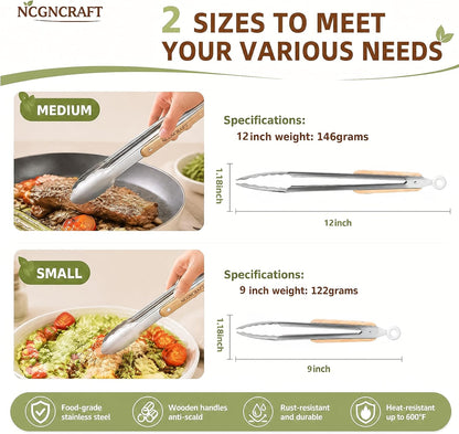 9+12 inch Stainless Steel Kitchen Tongs for cooking with Wood Handle, Set of 2