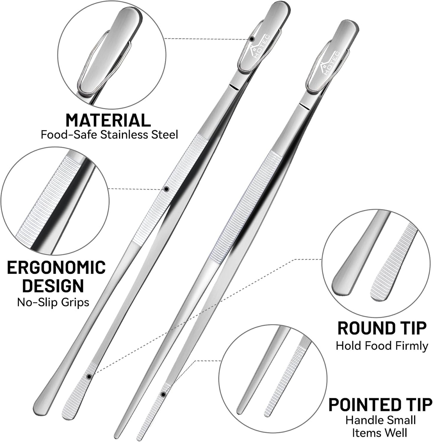 HOTEC Kitchen Tweezers Tongs Stainless Steel Professional Chef Tweezers, Set of 3-6.3", 10" and 12inch Food Tongs for Cooking, Repairing, Dessert, BBQ, Meat, Pasta
