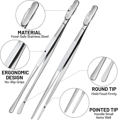 HOTEC Kitchen Tweezers Tongs Stainless Steel Professional Chef Tweezers, Set of 3-6.3", 10" and 12inch Food Tongs for Cooking, Repairing, Dessert, BBQ, Meat, Pasta