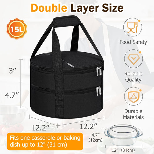 Round Insulated Casserole Carrier – 12" Portable Pie Carrier Bag for Hot or Cold Food, Leakproof Thermal Lunch Tote with Handle for Parties Picnic & Travel - Grey