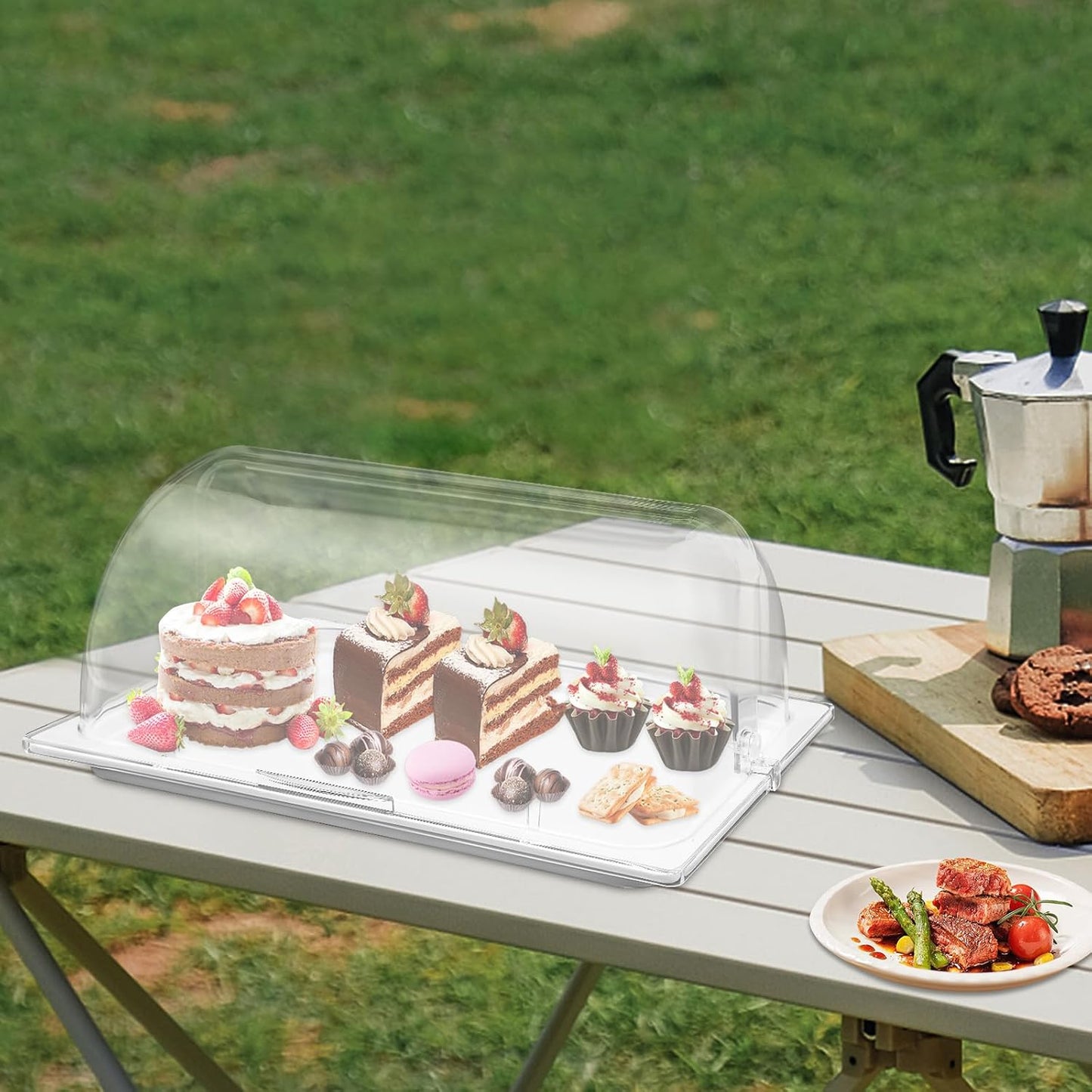 DYNAMI Food Serving Display Tray with Clear Roll Top Cover,Food Grade PC Tray White Food Serving Tray Dessert Display Tray forRestaurant Hotel Kitchen Party Buffet Serving Food,16.5 * 11in