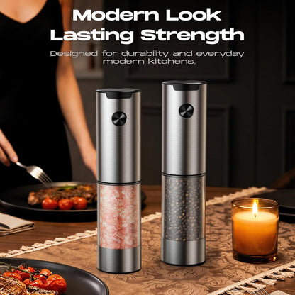 Electric Salt and Pepper Grinder Set, Battery Automatic Salt and Pepper Shaker with Adjustable Coarseness, Large Capacity Pepper Mill with LED White Elephant Gifts(Battery-Stainless Steel)