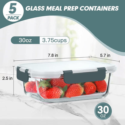 KOMUEE 30 oz 5 Pack Glass Meal Prep Containers, Glass Storage Containers with Lids - Dishwahser, Microwave, Oven and Freezer Safe