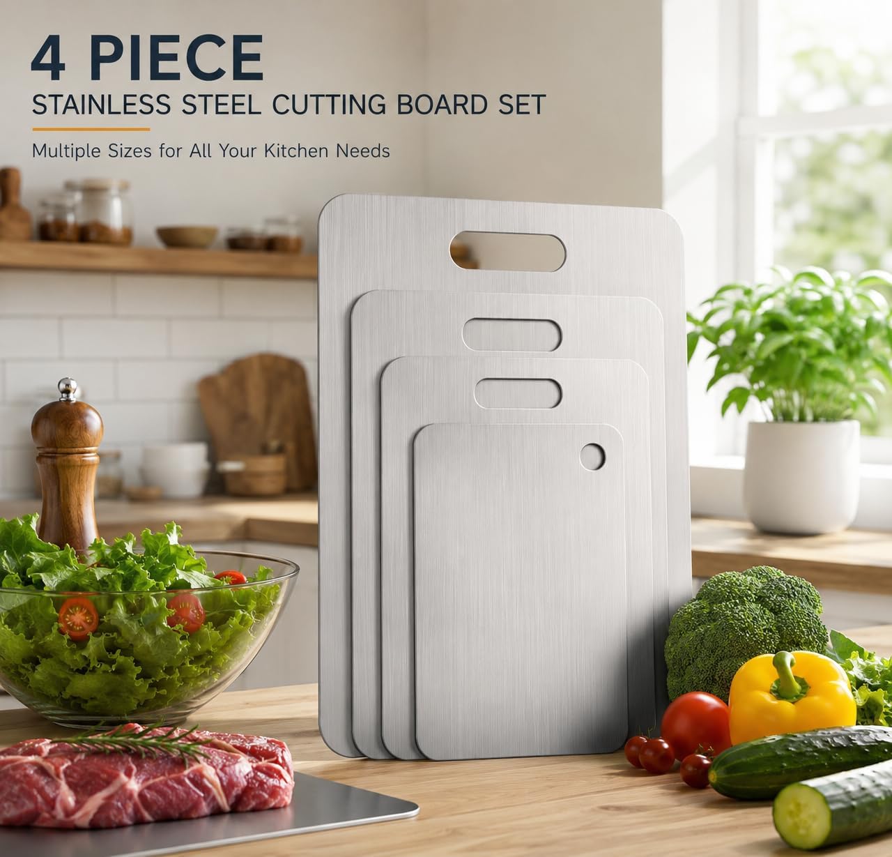 4 Pcs Stainless Steel Cutting Board, Metal Cutting Boards for Kitchen, Dishwasher Safe Chopping Board with Extra Anti-Slip Placemat (17.9"×11.8", 15.3"×11", 13.4"×9", 11.4"×7.8")
