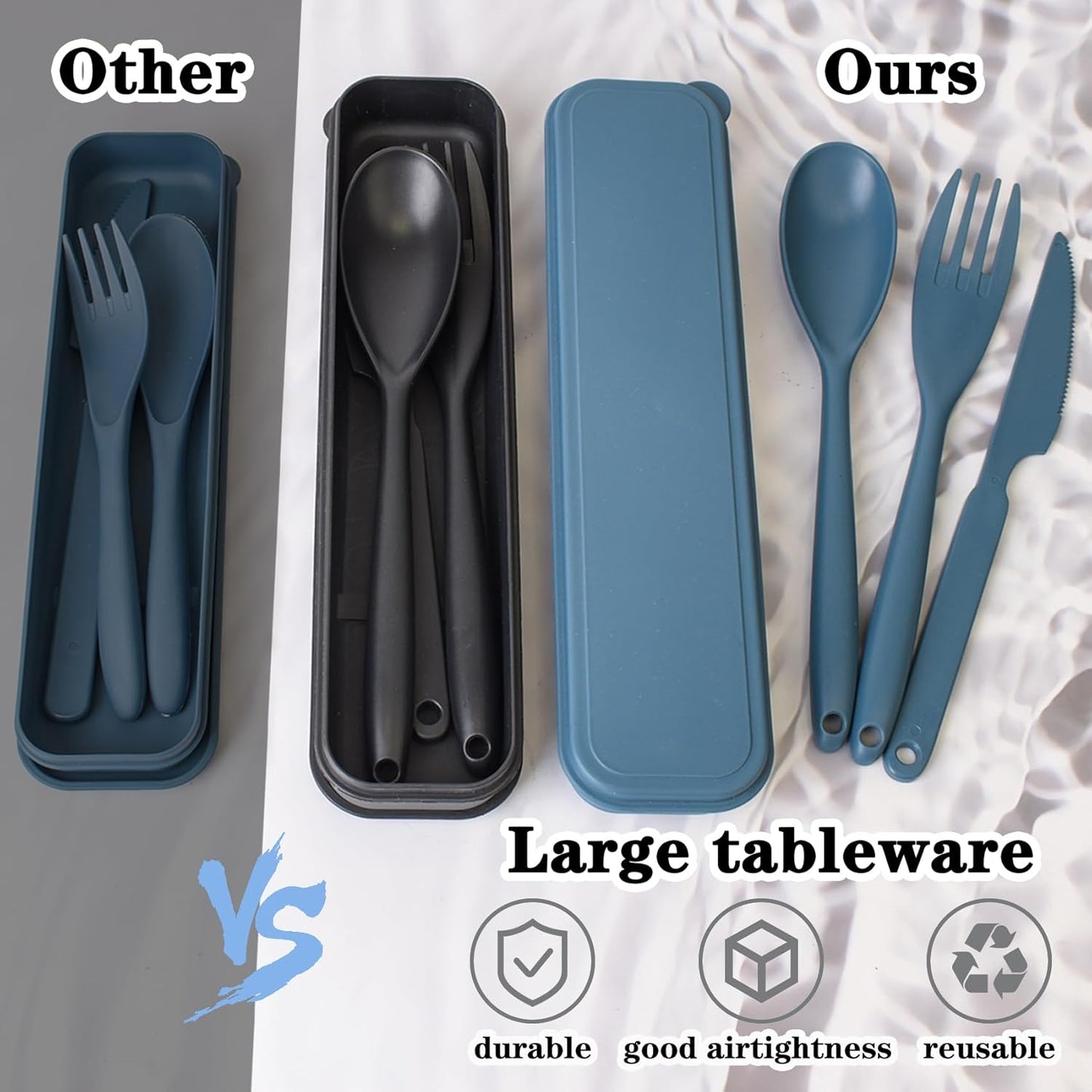 2 Sets Reusable Utensil Set with Case, Portable Plastic Spoons Fork Knife Camping Utensils for Lunch Box Accessories for Kids Adults Travel Picnic Camping Daily Use(Blue, Black)