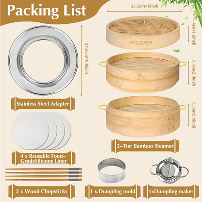 Bamboo Steamer 2 Tier 10-Inch Steaming Basket, Bun Vegetable Steam, Dumpling Steamer Bamboo Steam Basket, Chopsticks, Reusable Silicone Liner, Ring Adapter, for Chinese Asian Cuisine
