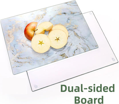 WRINGKIT Set of 2 Glass Cutting Board with Marble Pattern, Tempered Glass Chopping Board with Non-Slip Feet, 16"x 12" Large Glass Board for Countertop, Kitchen, Easy to Clean