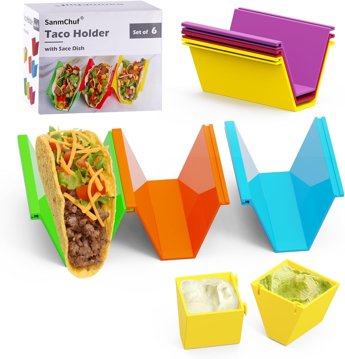 Microwave Safe Taco Holder Set of 12, Colorful Taco Stand with 2 Condiment Dishes,Taco Tray Plates for Taco Bar Gifts & Accessories,Large Plastic Stackble&Convenient Taco Shell Rack,BPA-Free