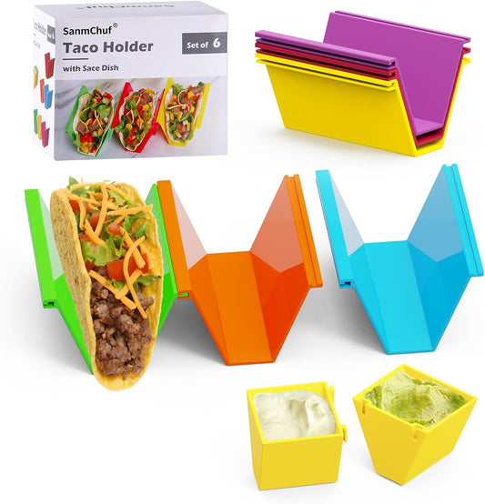 Microwave Safe Taco Holder Set of 12, Colorful Taco Stand with 2 Condiment Dishes,Taco Tray Plates for Taco Bar Gifts & Accessories,Large Plastic Stackble&Convenient Taco Shell Rack,BPA-Free