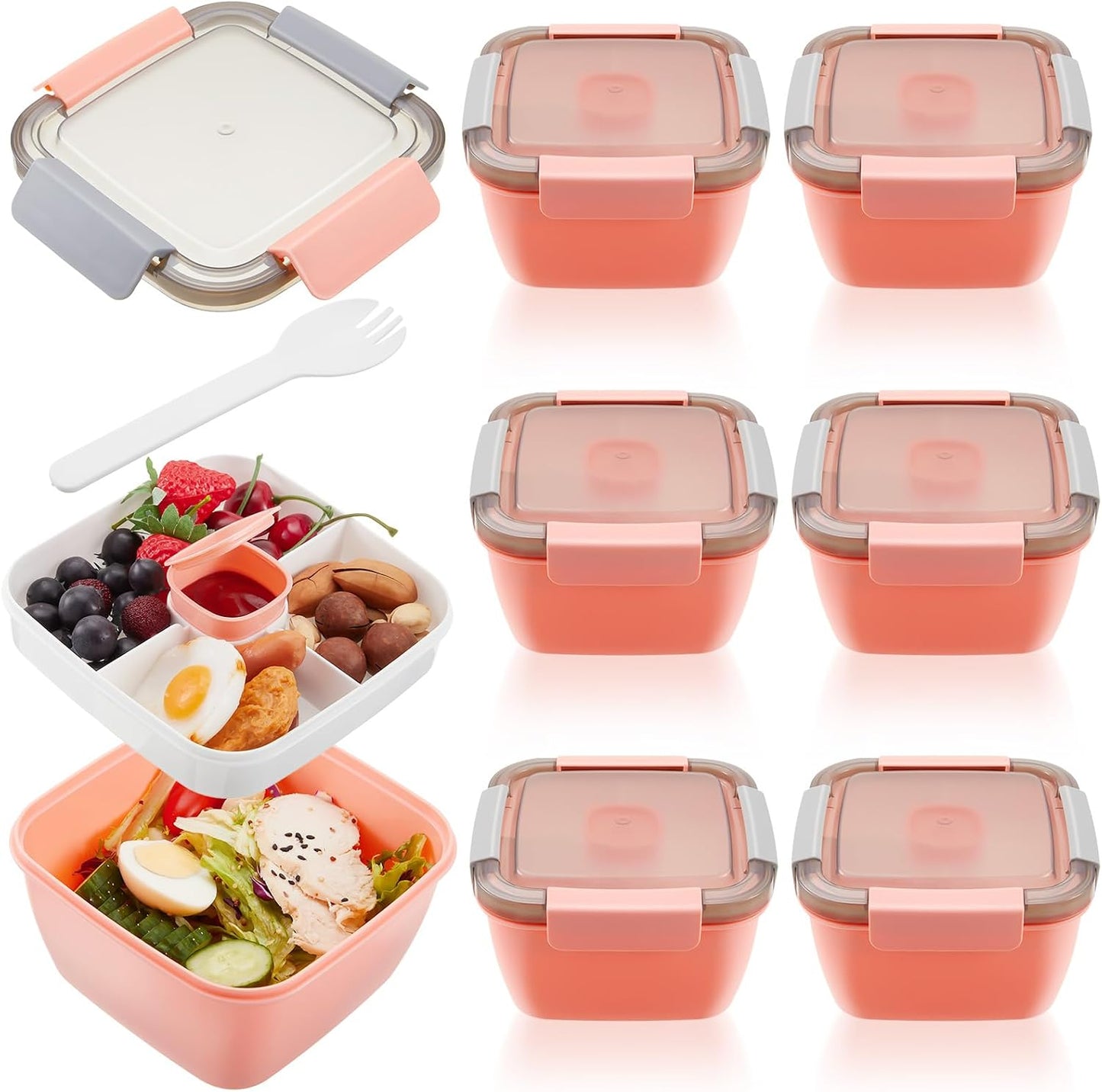 Tessco for you 6 Pcs Salad Lunch Container 50 oz Salad Container with 3 Compartment Reusable Bento Box for Adults Stackable Lunch Bowl for Meal Snack Fruit(Pink)