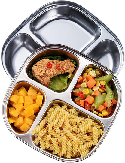 Set of 2 Stainless Steel Rectangular Divided Plates Tray 5 Sections Dinner Plates for Adults - Unbreakable Metal Plate for Campers, and Portion Control Reusable Plate
