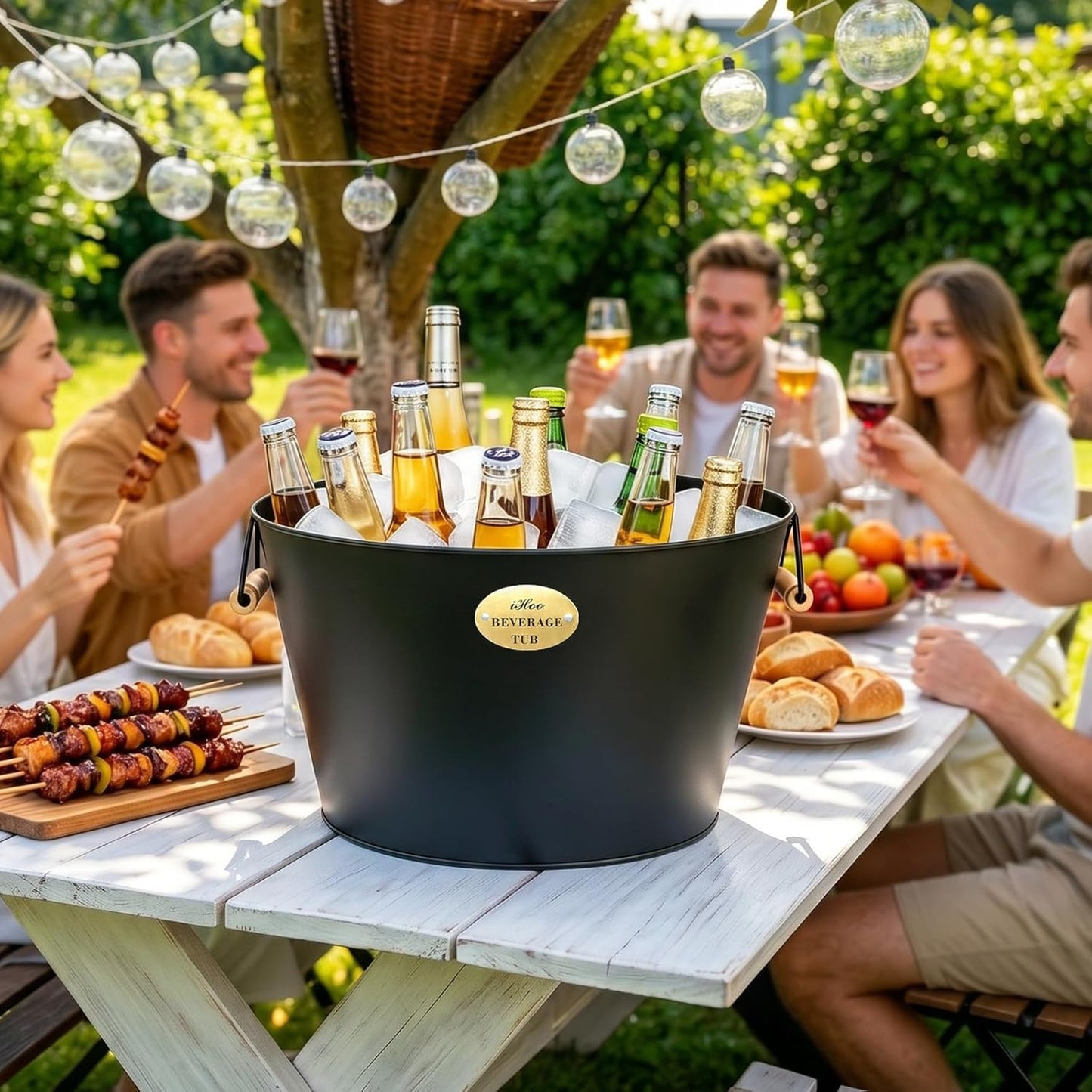 5.5 Gallon Large Beverage Tubs for Parties, 21L Galvanized Ice Bucket with Wooden Handles for Beer, Wine, Cocktails & Outdoor Events -Black