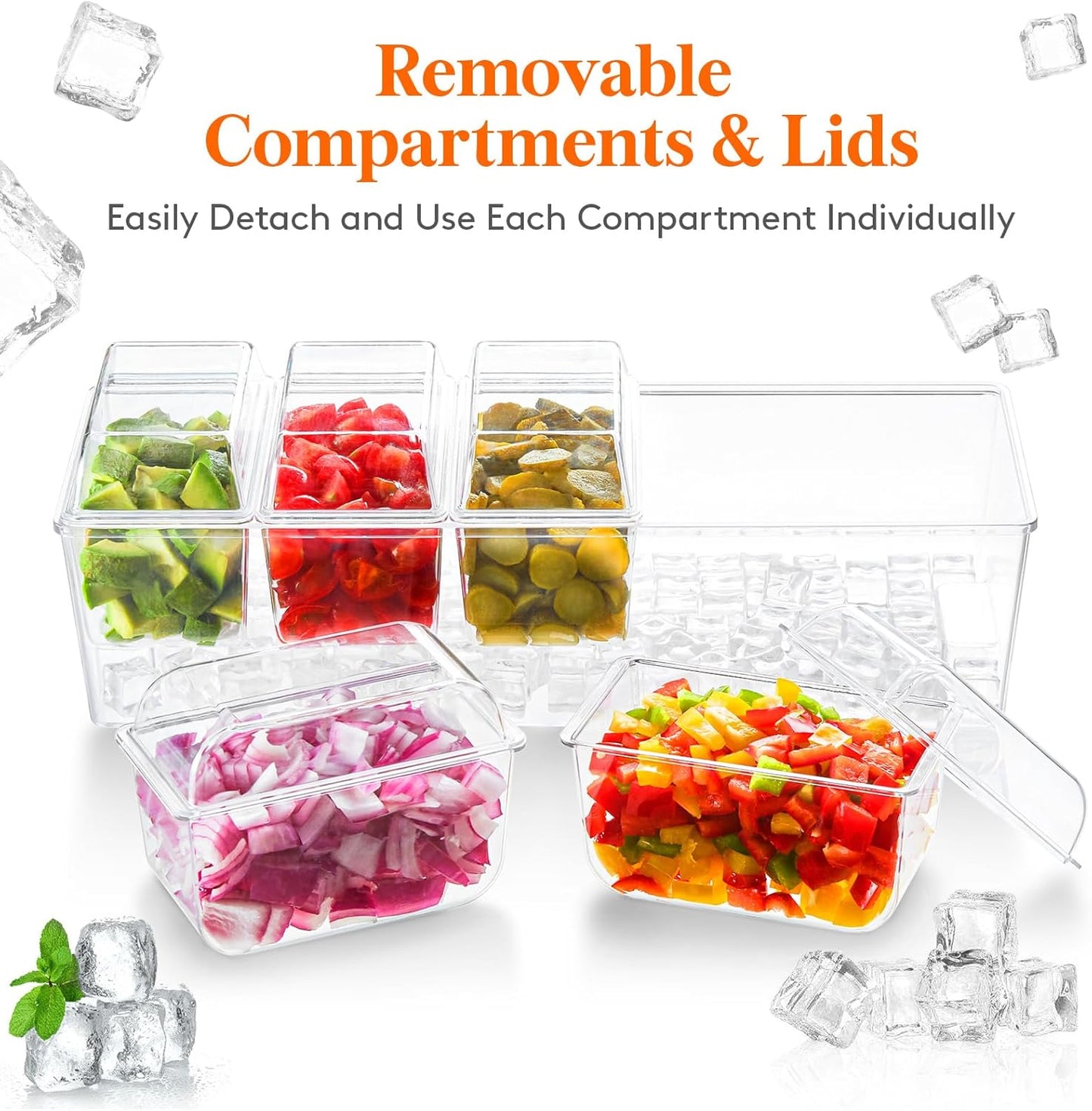 Lifewit 2 Pcs Ice Chilled Condiment Caddy with 5x20 oz Containers, Condiment Server with Separate Lid, Serving Tray Platter with Removable Dishes for Bar Fruit Salad Taco Party Garnish, 39 x13cm/15x5