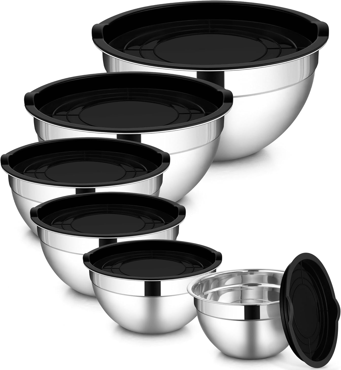 LIANYU Stainless Steel Mixing Bowls Sets of 6, Large 7, 3.5, 2.5, 2, 1.5, 1QT Size with Transparent Airtight Lids, Metal Nesting Serving Bowl Sets for Home Kitchen, Dishwasher & Freezer Safe, Black