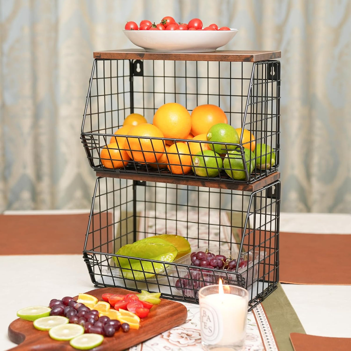 Mefirt Fruit Basket, 2-Tier Fruit Bowl for Kitchen Counter, Stackable Wall Mounted Fruit Storage, Snack Organizer, Potato and Onion Storage Basket, Hanging Pantry Storage with Wood Lid, 2 Set, White