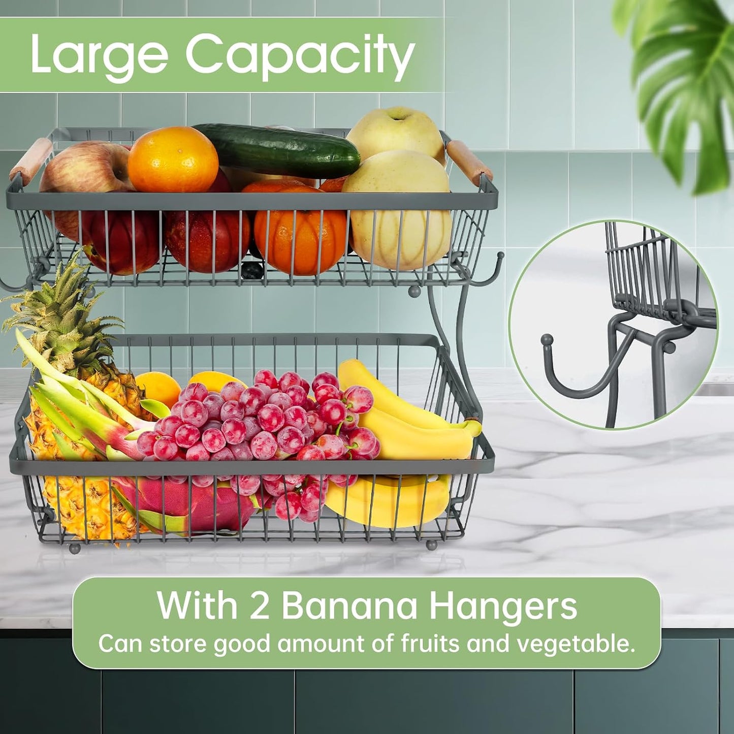 Fruit Basket Bowl 2 Tier Detachable with 2 Banana Hangers, Fruit Stand Holder for Kitchen Countertop, Metal Wire Vegetable Storage Organizer, for Bread Snack Veggies Produce, Black