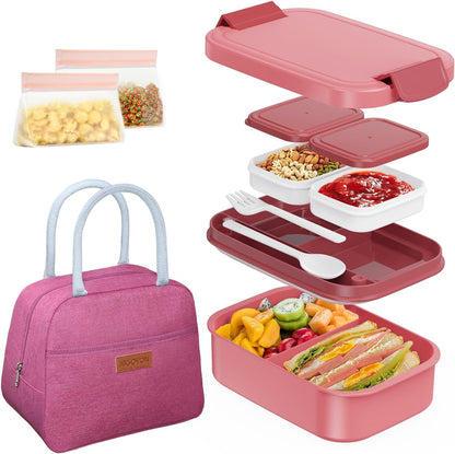 JBGOYON Bento Box and Lunch Bag Set, Leak-Proof Lunch Box for Adults and Kids with Built-in Utensils, Insulated for Work School Travel, Microwave & Dishwasher Safe, All-in-One (Purple)
