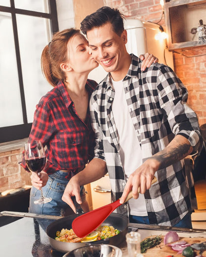 Cooking Spoon for Nonstick Cookwares, Great for Cooking and Serving Sturdy BPA-Free Matte Silicone, Wood Handle Spoon for Mixing, Scoop, and Scrape (Black & Grey, 11.4 inch)