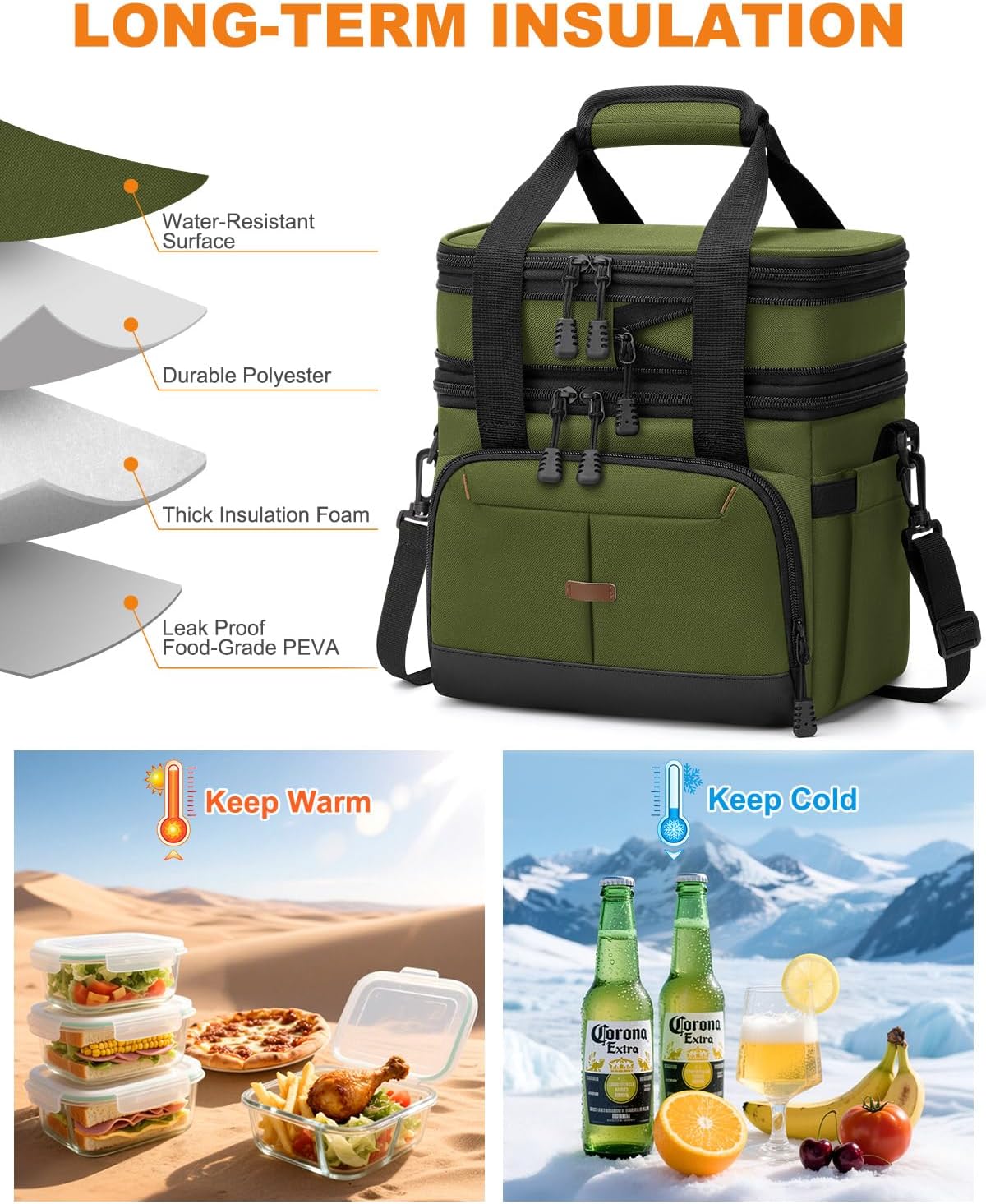 Pritent Lunch Box For Men Women Double Deck Insulated Lunch Bag For Men Woman Leakproof Expandable Cooler Bag with Adjustable Shoulder Strap for Kids Shool Work Picnic Camping(Beige,Large)