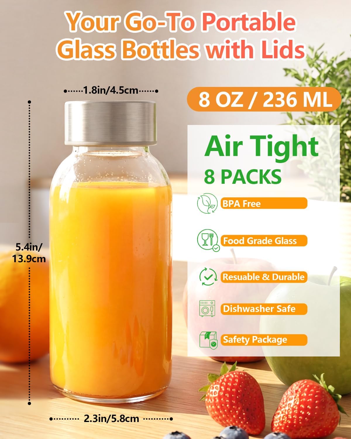 Zukro Glass Juice Bottles with Lids for Juicing 18 oz, Reusable Clear Glass Water Bottles with Stainless Steel Airtight Cap for Refrigerator, 100% Leak Proof Drinking Jar, BPA Free, Set of 6