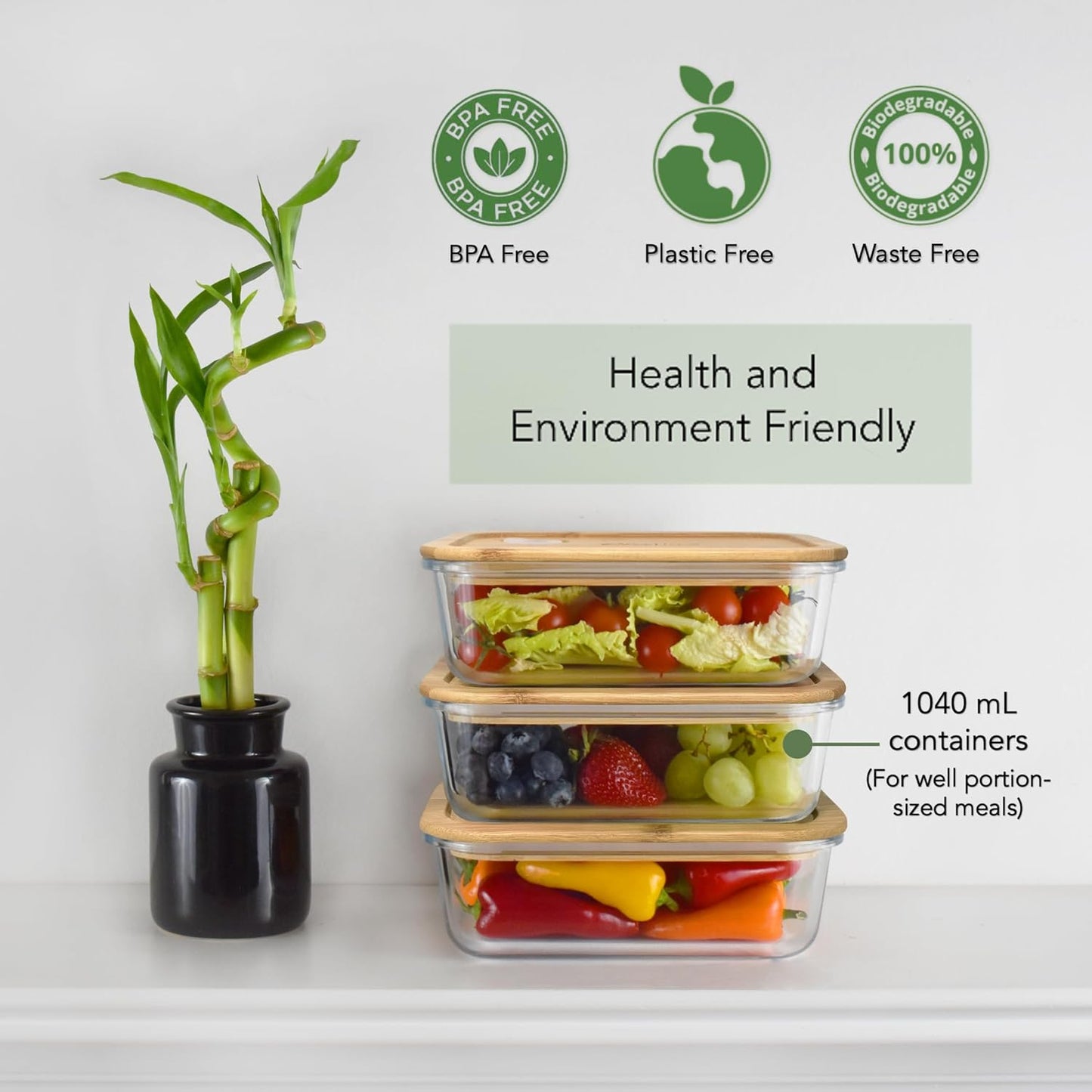 Glass Meal Prep Containers with Bamboo Lids (3 Pack) - 100% Plastic Free, Eco-Friendly Lunch Containers, Bamboo Lid Storage Container Set - Microwave Safe Glass Food Storage Container Set